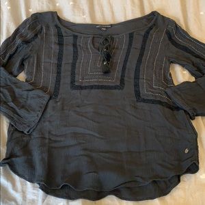 American Eagle Outfitters Black Long Sleeve Embroidered Peasant Top